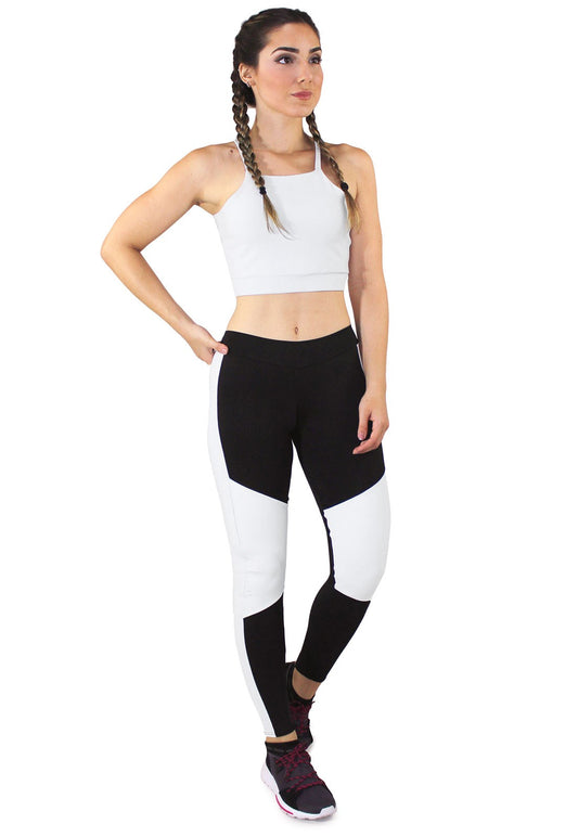 Conjunto Fitness Cropped Branco + Calça Fitness Preto Com Detalhe Branco | REF: LX057