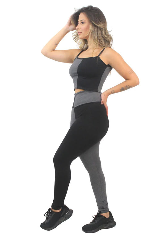 Cropped Alcinha e Calça Legging Preto e Mescla Conjunto Fitness | REF: LX162