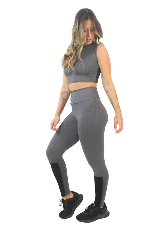 Cropped Mescla e Calça Legging Mescla Detalhe Preto Conjunto Fitness | REF: LX164