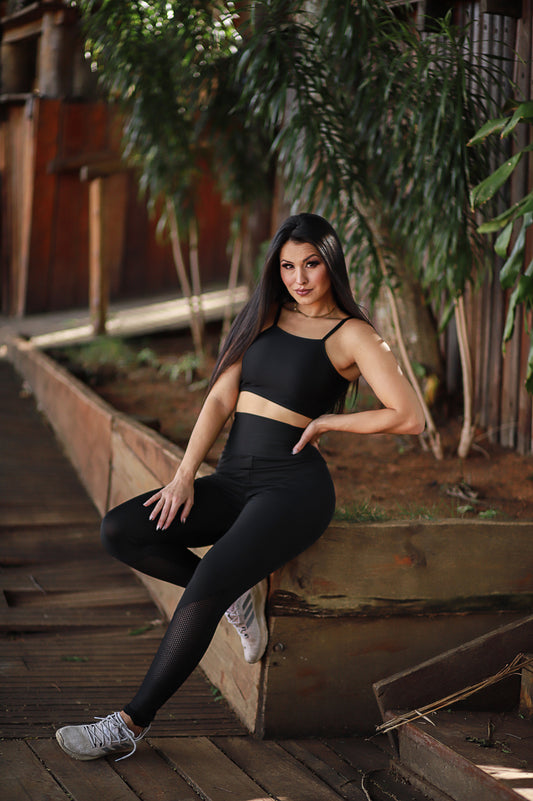 Cropped e Calça Legging Detalhe Tela Preto Conjunto | REF: LX279